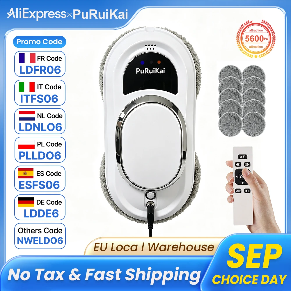 PuRuiKai's Most Popular Electric Glass Cleaning Robot, Fully Automatic Home Intelligent Electric, Double-Sided Glass Cleaning with Super Strong Adsorption Force, Fully Automatic Window Cleaning with 5-Meter Climbing Rope
