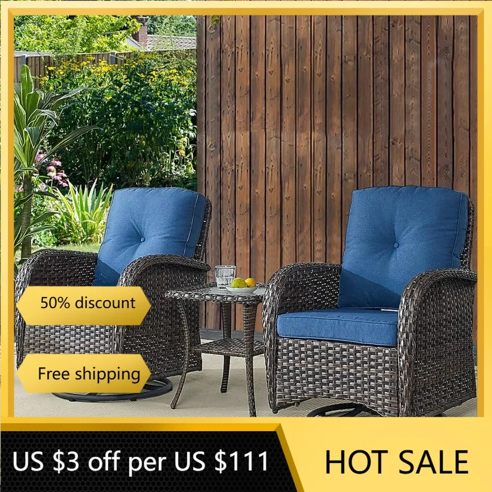 Set of 2 with Rattan Side Table, Patio Swivel Glider Chair 3 Piece Patio Furniture Sets for Patio Porch Pool Brown/Blue