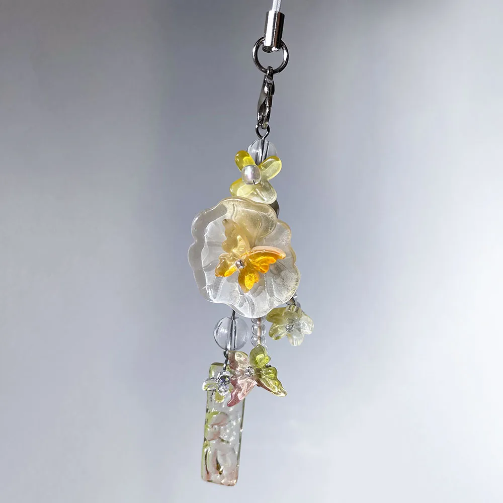 Blumen-Handy-Charm-Kette, gelb, orange, Schmetterling, Perlen, Schlüsselanhänger, Schlüsselanhänger, süßes Mädchen, Schlüsselanhänger für Frauen, Tasche, Rucksack, Kamera-Dekoration