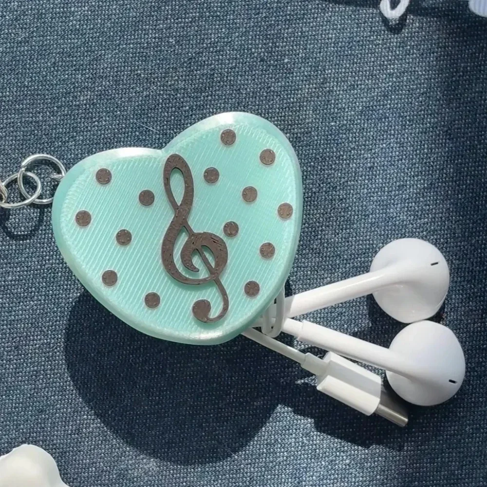 Musical Note Heart Shape 3D Printed Cord Organizer Pendant Keychain Portable Storage Bag for Earphone Data Cable Arrangement