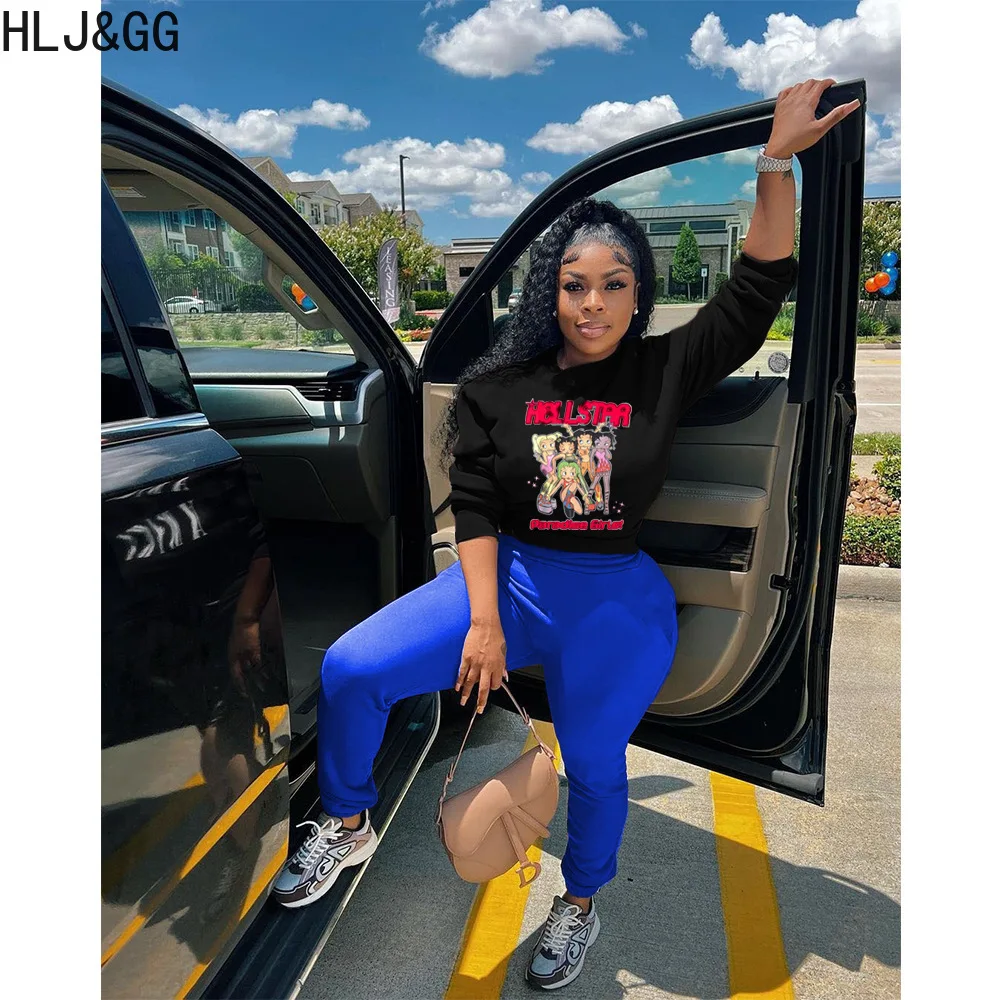 HLJ&GG Autumn Winter Letter Printing Tracksuits Women Round Neck Long Sleeve Pullover + Jogger Pants Two Piece Sets Outfits 2023