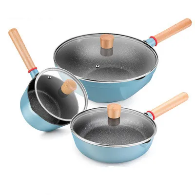 Blue Boiler Pot Non-stick Cookware Household Induction Cooker Gas Stove Cookware Wok Kitchenware Set Cross Border Maifan Stone