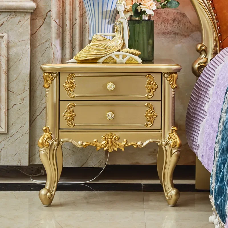 for European Solid Wood Carved Flower Bedside Table Luxury Noble Gold Bedroom Nightstand Storage Cabinet Locker