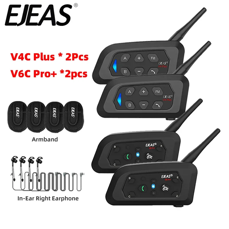 EJEAS 2Pcs V4C Plus+2Pcs V6C Pro Support 3 Users Referee Bluetooth Intercom Headset Soccer Conference Interphone In-Ear Earphone