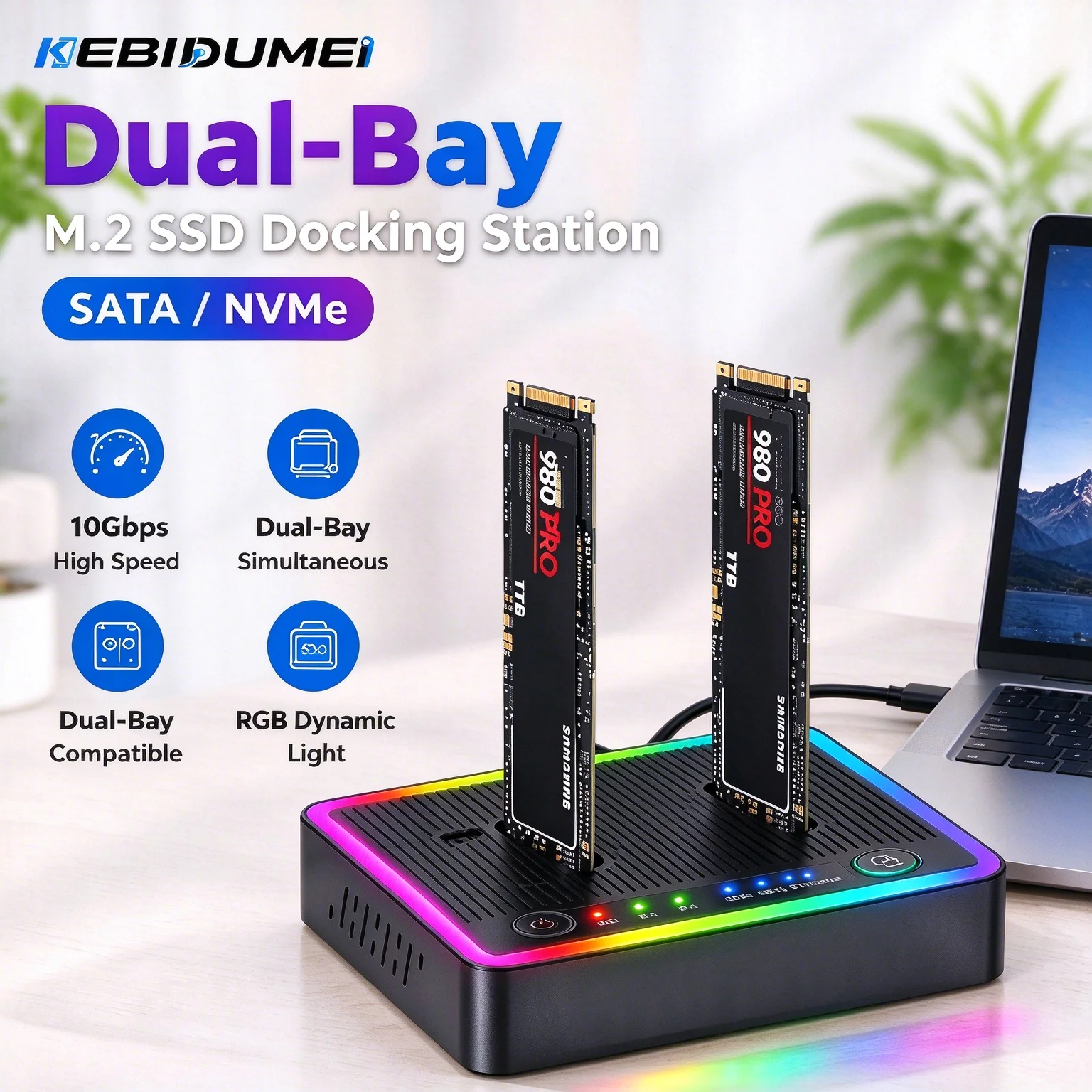 KEBIDUMEI M.2 Dual Bay SSD Docking Station 10Gbps USB-C Dual Protocol NVMe & SATA SSD External M.2 SSD Duplicator Offline Clone