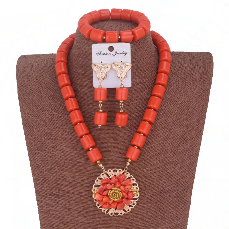 Artifical Coral Beads Hand Crafts Nigerian Traditional Weddings Jewelry Sets For Bride Women