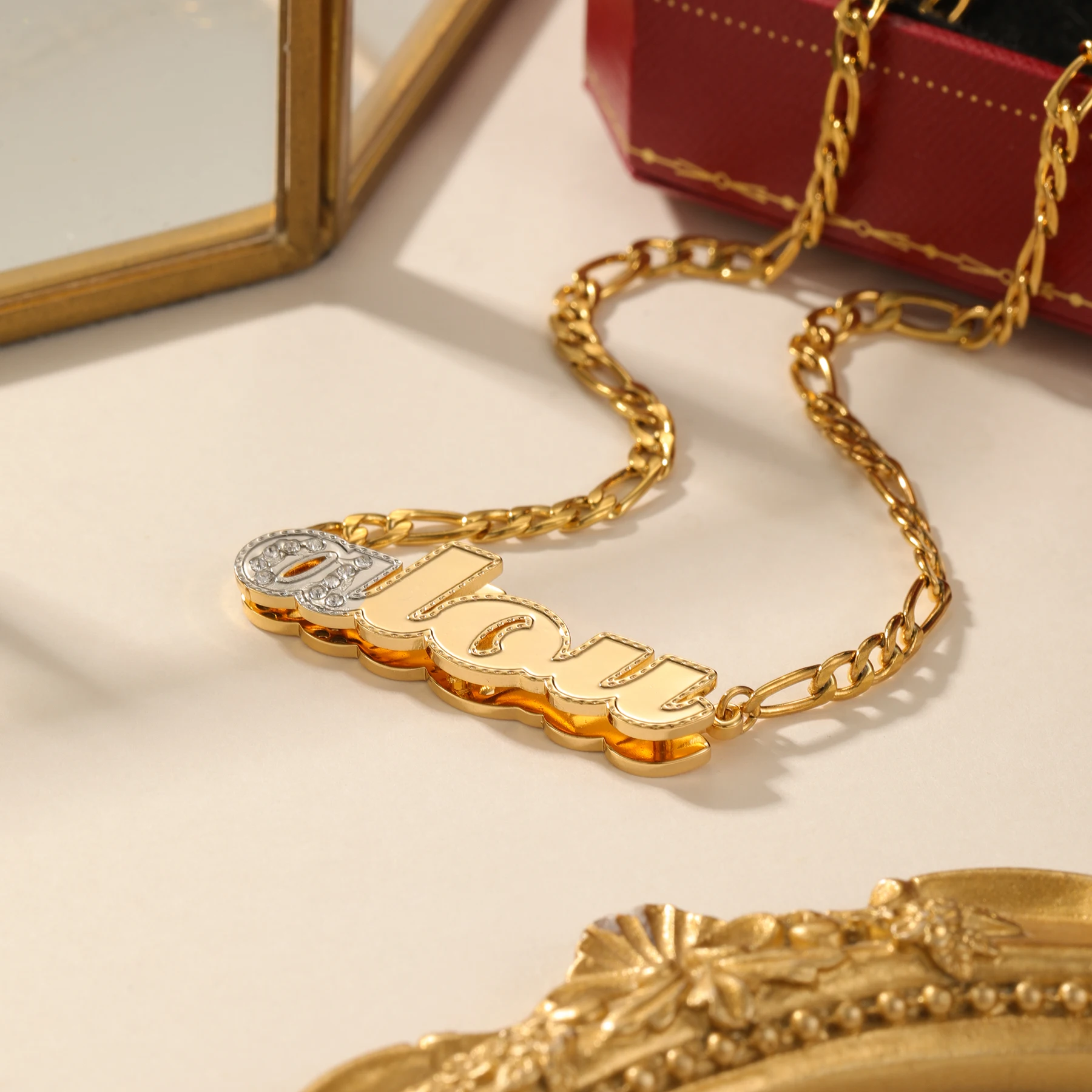 

Customized Name Necklace Double Layered Two Tone Initials Studded with Diamonds Stainless Steel 18K Gold Plated Gift for Her