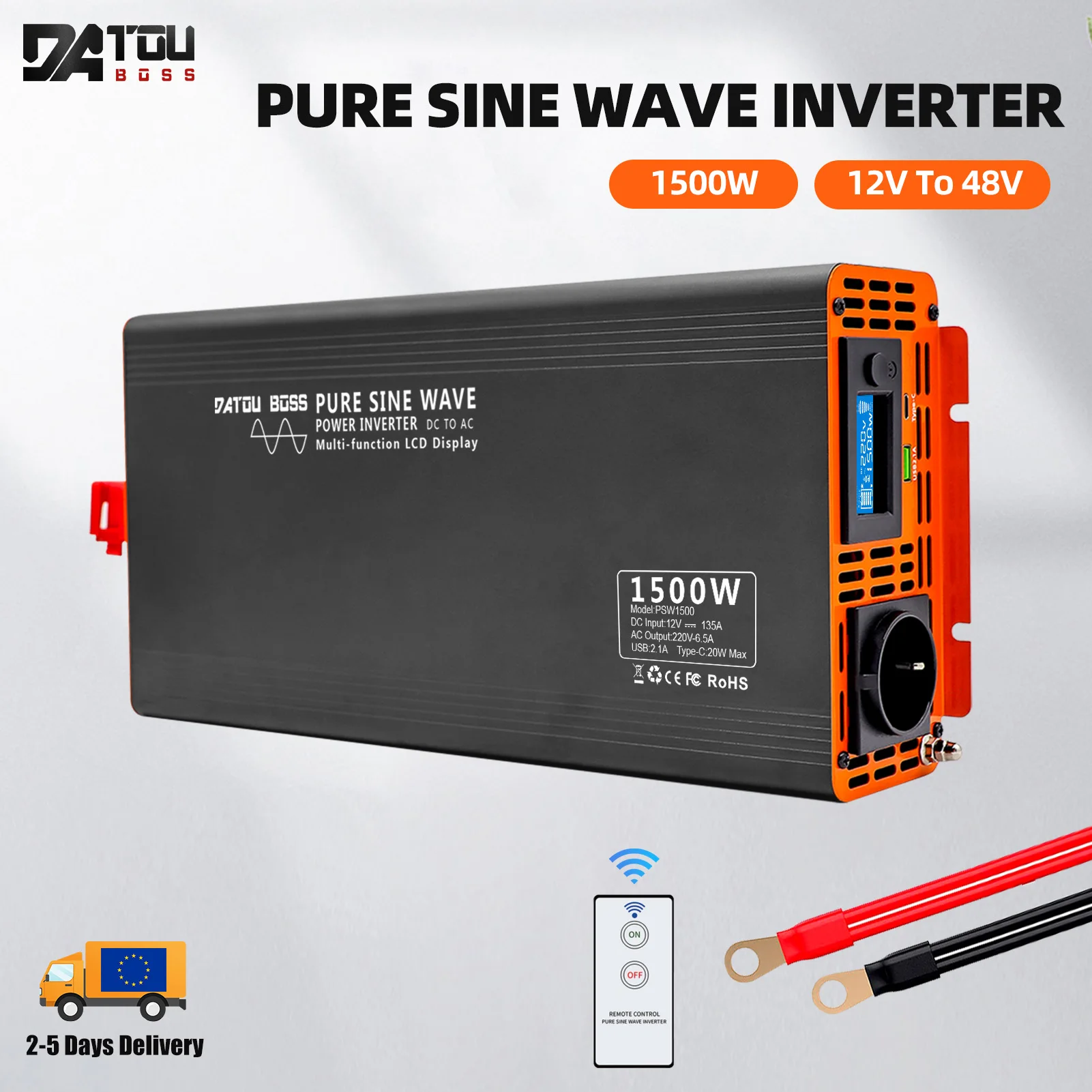 DATOUBOSS PSW 1500W Series Sine Wave Inverter DC To AC Solar Power Converter Portable USB Charger LCD Display Voltage Inverter