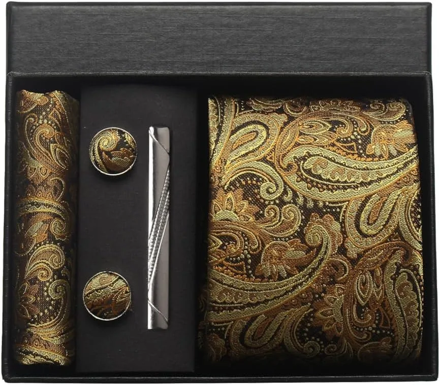 100 % Seide Marke Krawatte Taschentuch Manschettenknopf Set für Männer Krawatte Urlaub Geschenkbox Blau Gold Anzug Zubehör Passend für den Arbeitsplatz Urlaub – Detail 32