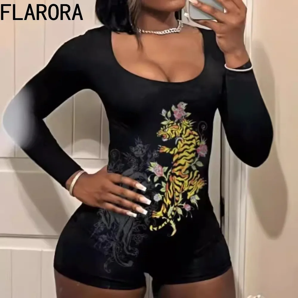 FLARORA Fashion Pattern Printing Bodycon Rompers Woman Black Sexy Long Sleeve Jumpsuits Y2k Streetwear female 2024 New Playsuits