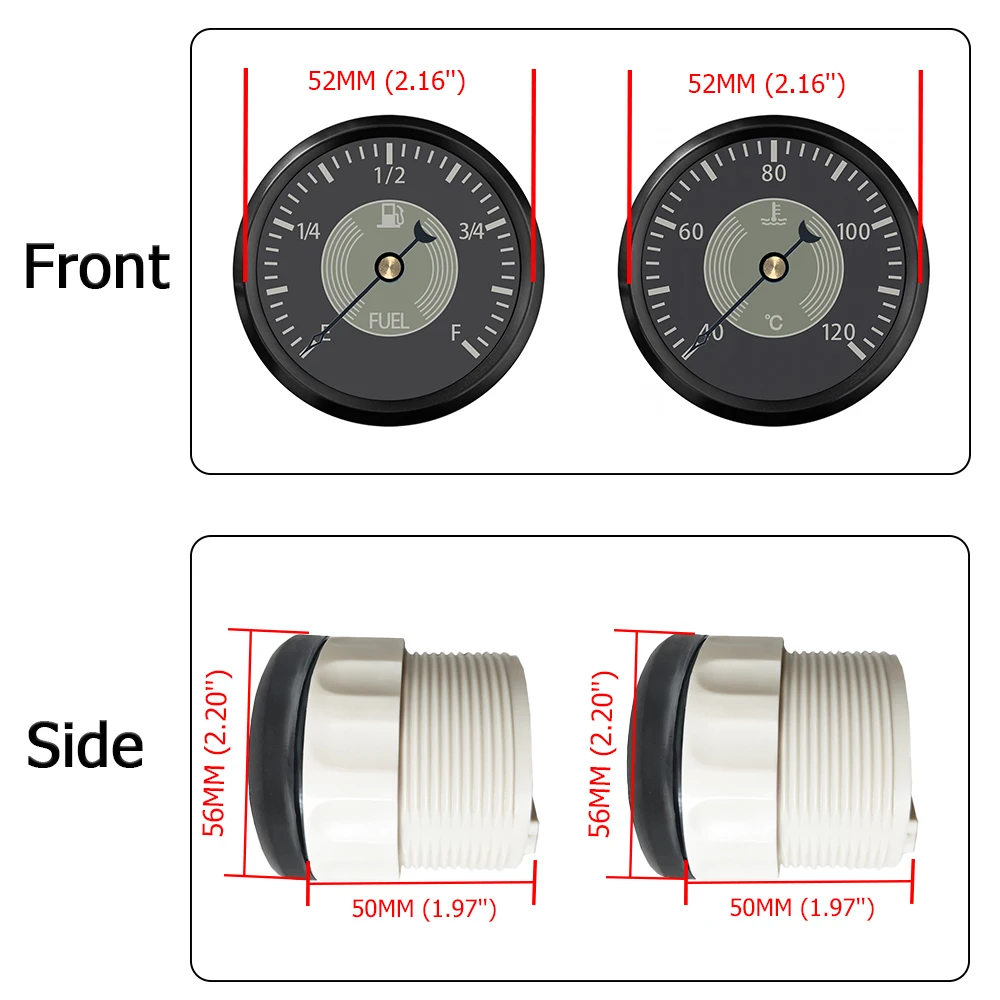 ELING 52 مللي متر (2 بوصة) مستوى الوقود درجة حرارة الماء 0-10Bar ضغط الزيت 8-16 فولت الفولتميتر للسيارات مع إضاءة خلفية حمراء صفراء 12 فولت