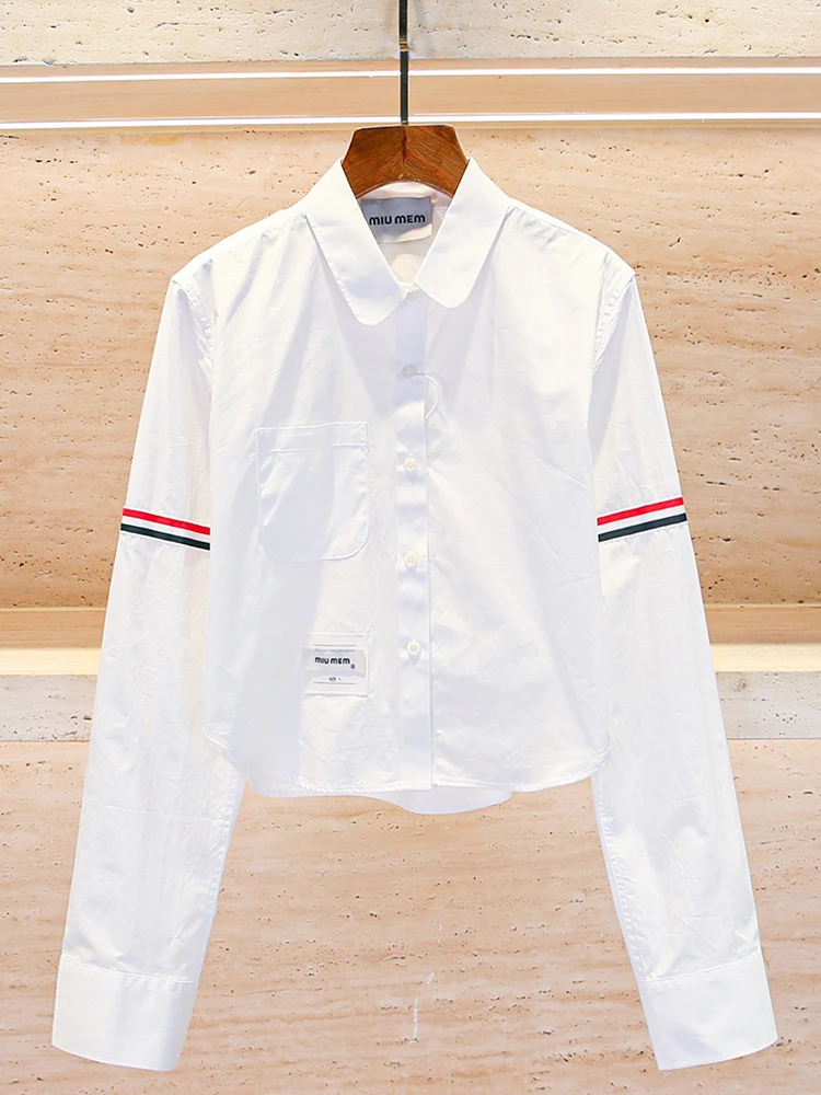 

Ele Women's Striped irt Collar Patchwork Design Autumn College Sle Top Polyester Fiber Long Sve ort Length Button