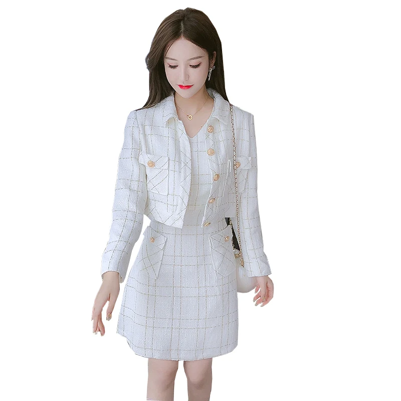 

2 pieces of checkered tweed set short jacket+A-line dress, new spring and autumn small fragrance style set