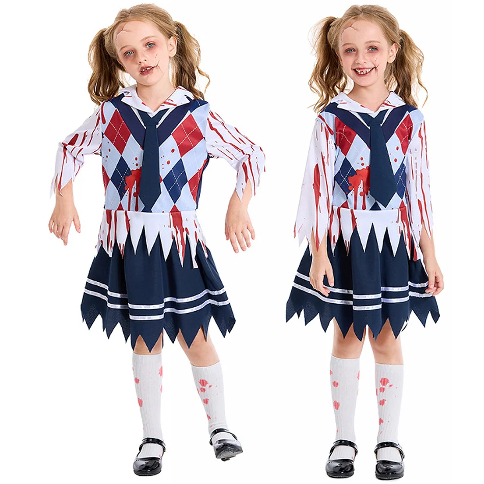 Stroje na Halloween dla dziewczyn, maskarada, przebranie zombie dla dorosłych, sukienka z efektem krwi, strój uczennicy, top i spódnica, zestaw ubrań dla dzieci na występy.