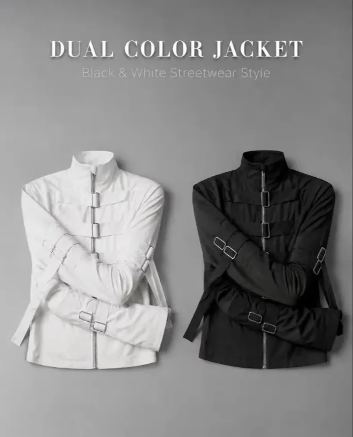 Avant Garde Strapped Binding Zip Up Jacket Men White Stand Collar Metal Buckle Long Sleeve Top Gothic Darkwear Jackets