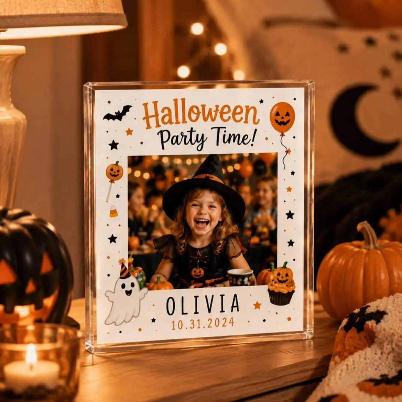 Custom Halloween Acrylic Photo Block, Personalized Kids Photo Frame, Custom Name Date Pumpkin Keepsake Tabletop Home Decor