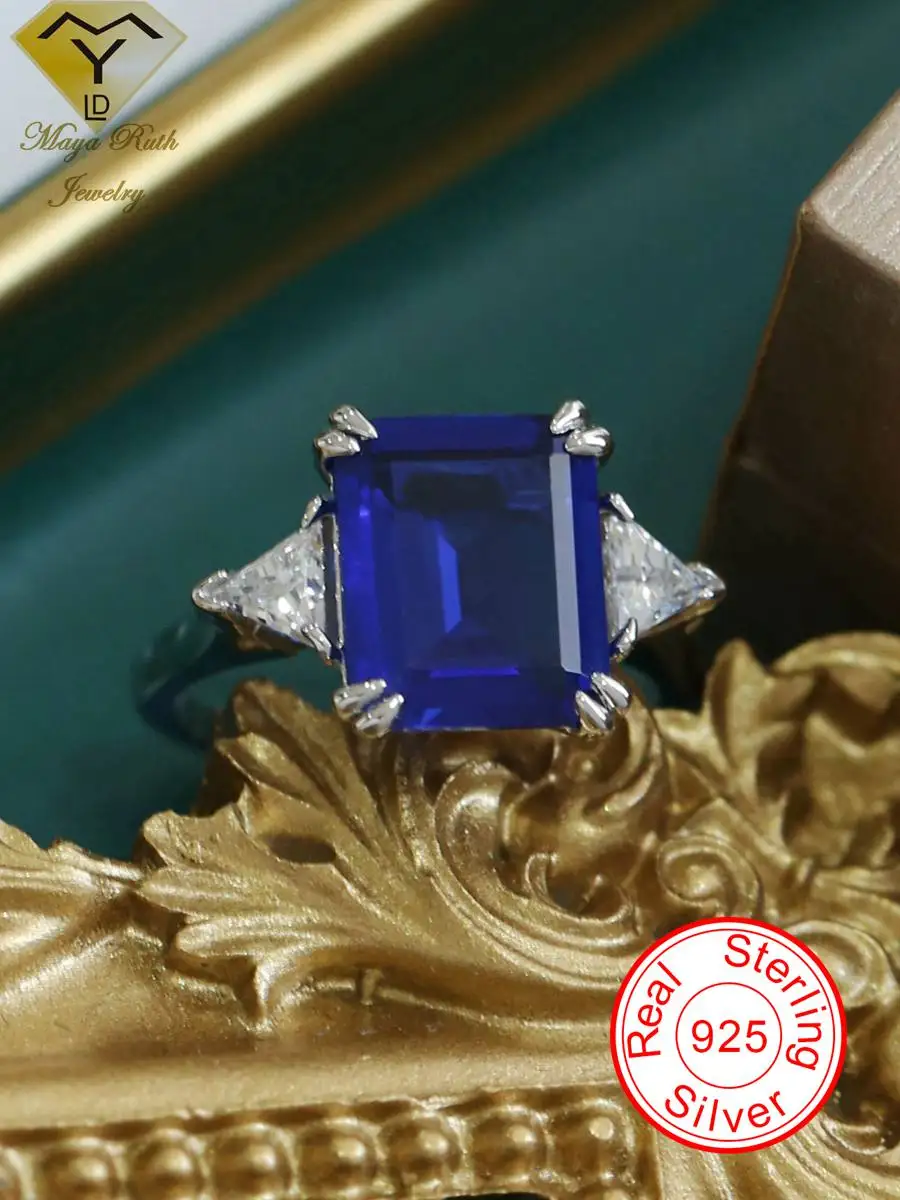 

Created Sapphire Gemstone Trilogy Ring Blue 925 Sterling Silver Party for Women Anniversary Retro Aesthetic Female Charm Gifts