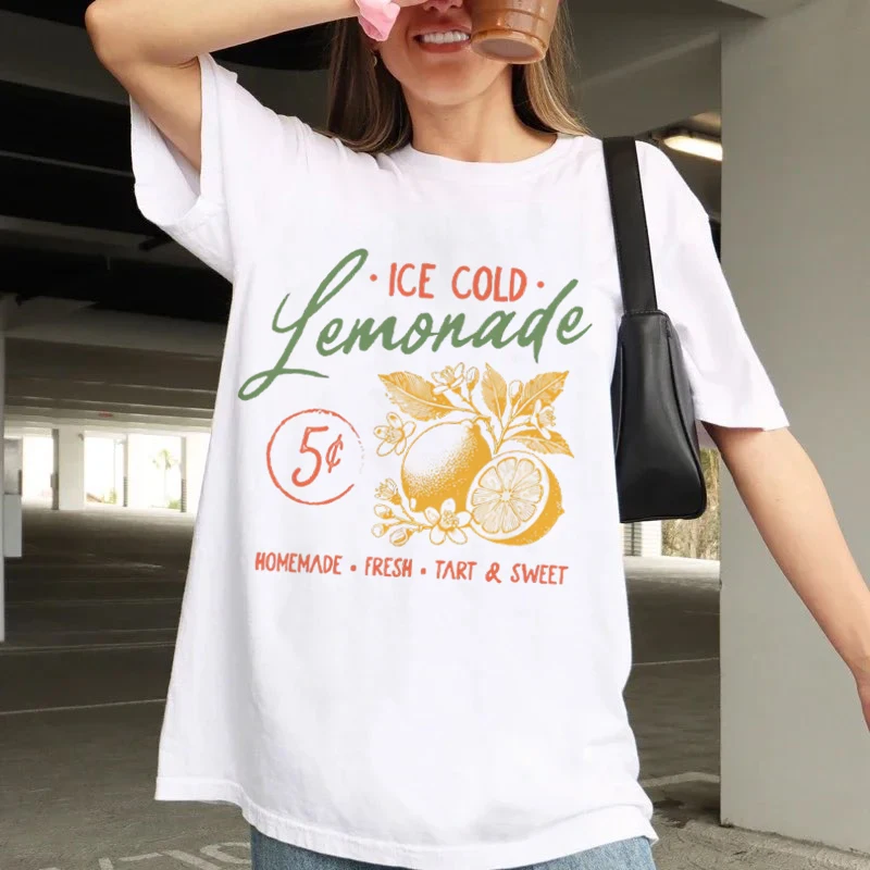 Ice Cold Lemonade T-Shirt Women's Basic Short Sleeved Fresh Fruit Printed Casual Cartoon Round Neck Pattern Summer T-Shirt