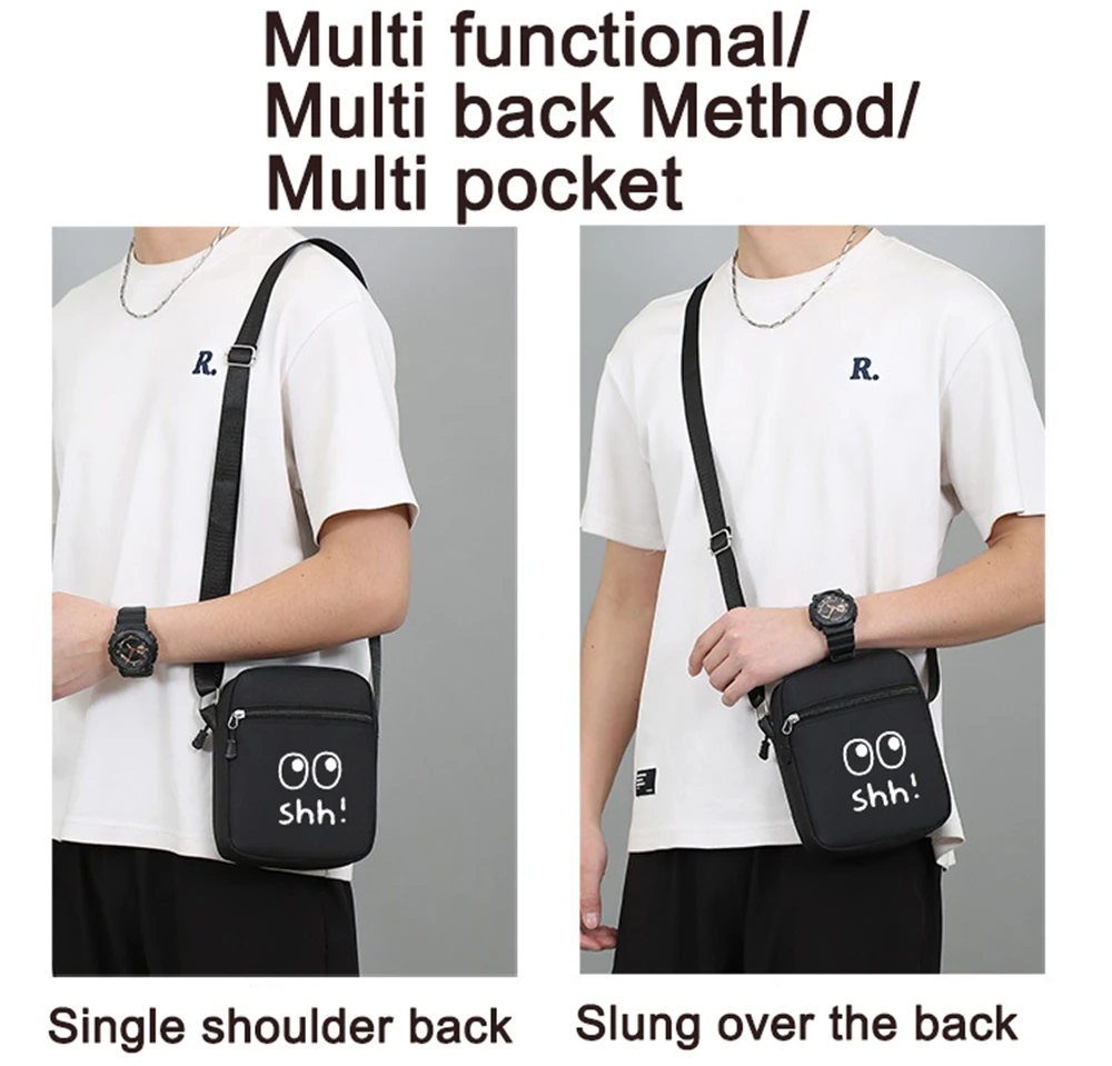 Customization Pattern Logo/Text/Name/Photo Simple Casual Zipper Crossbody Bag Oxford Cloth Black Square Sling Shoulder Bag