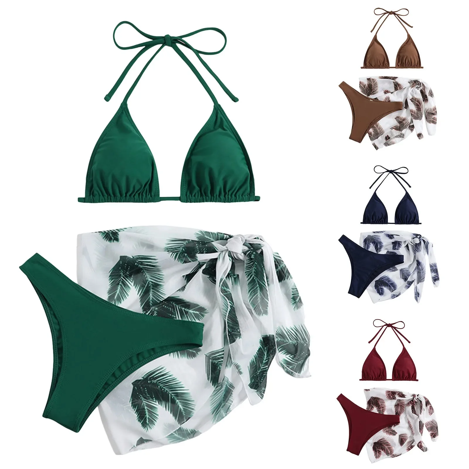 Women'S 3 Piece Bikini Set Triangle Cheeky Bathing Suits Cute Printing Swimsuits With Cover Up Skirt