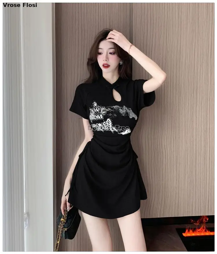 New 2024 Retro Daily Leisure Qipao Dress Chinese Style Printing Improved Cheongsam Fashionable Wrinkled Waist Design Thin Dress