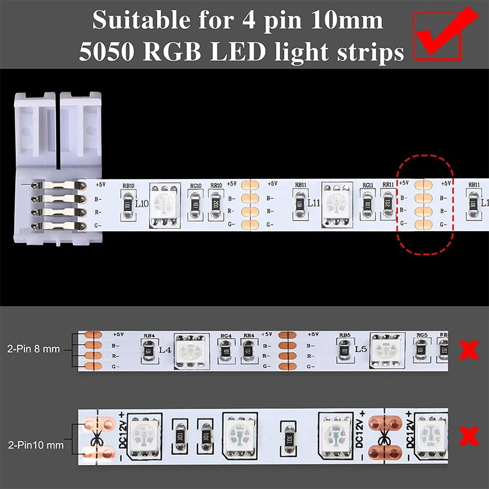 B29C-LED Strip Connector Kit, Strip Light Extension Cable Solderless Gapless Adapter Connectors For 5050 10Mm 4Pin LED Strip