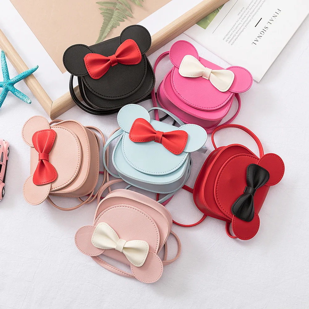 Korea Style Children Cartoon Mouse Shoulder Bag Girl Fashion PU Princess Bowknot Dress Coin Crossbody Mini Bag KBG006