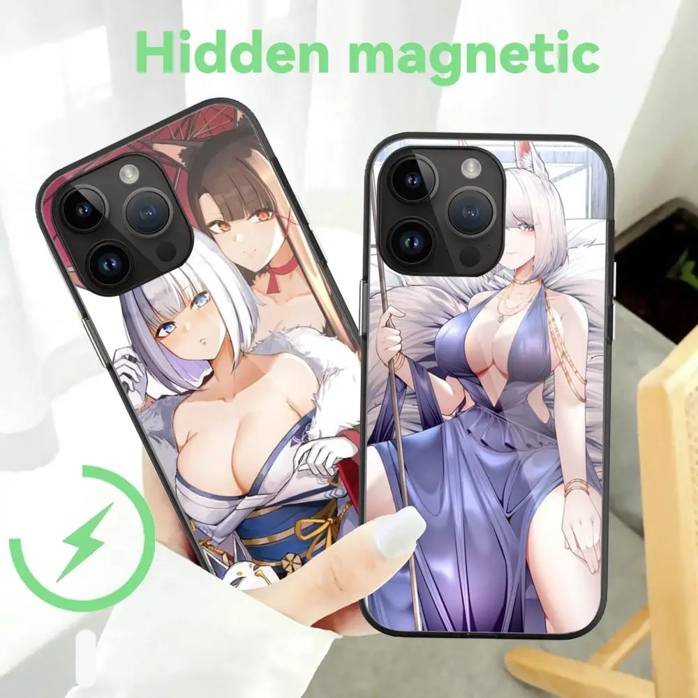 Azur Lane Kaga Phone Case For iPhone 15  Pro Max 14 13 12 11 Mini Plus Hidden magnetic Black Glass Cases