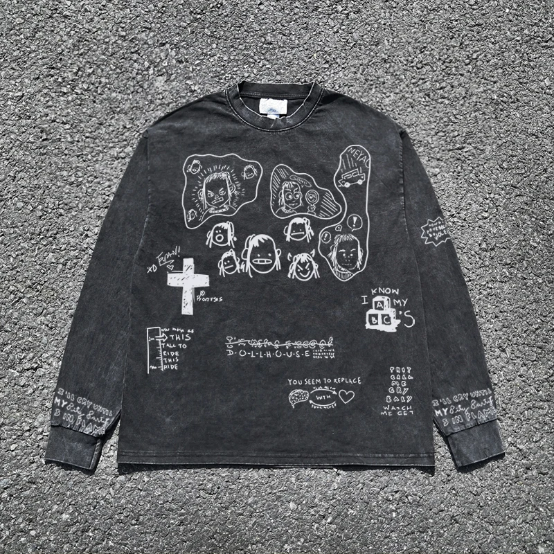 Heavily Worn Long Sleeve T-Shirt Couple Style Base Layer Underwear Subculture Graffiti Cartoon Print Casual Autumn 2025