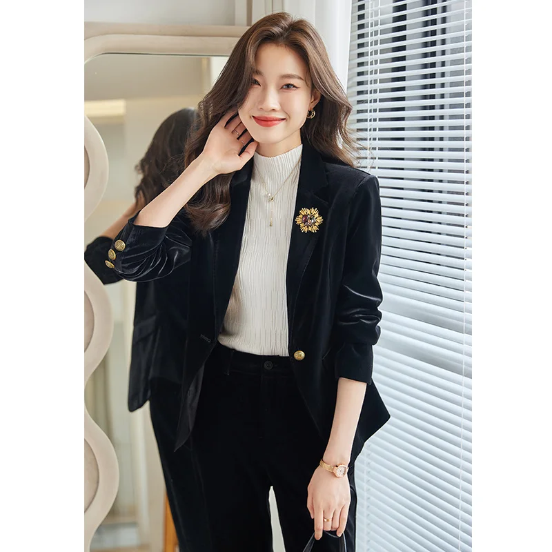 Women\'s Spring Oversize French Style Velvet Suit Wide Leg Pants Set Vintage Casual Solid Color Loose Blazer Pants Two Piece Sets