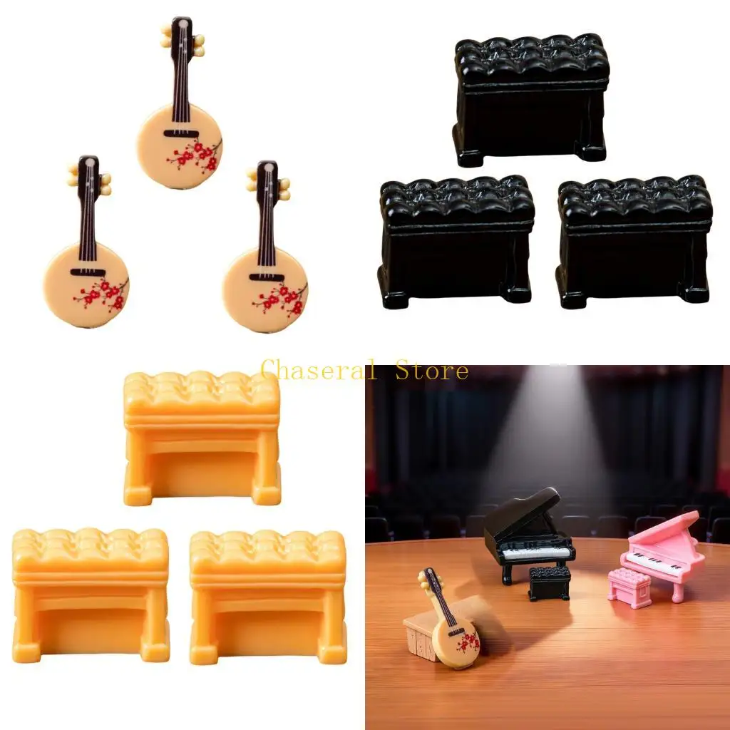 

E7CE 3 Piece Mini Resin Musical Instrument Replicas Piano Guitar For Tabletop Display