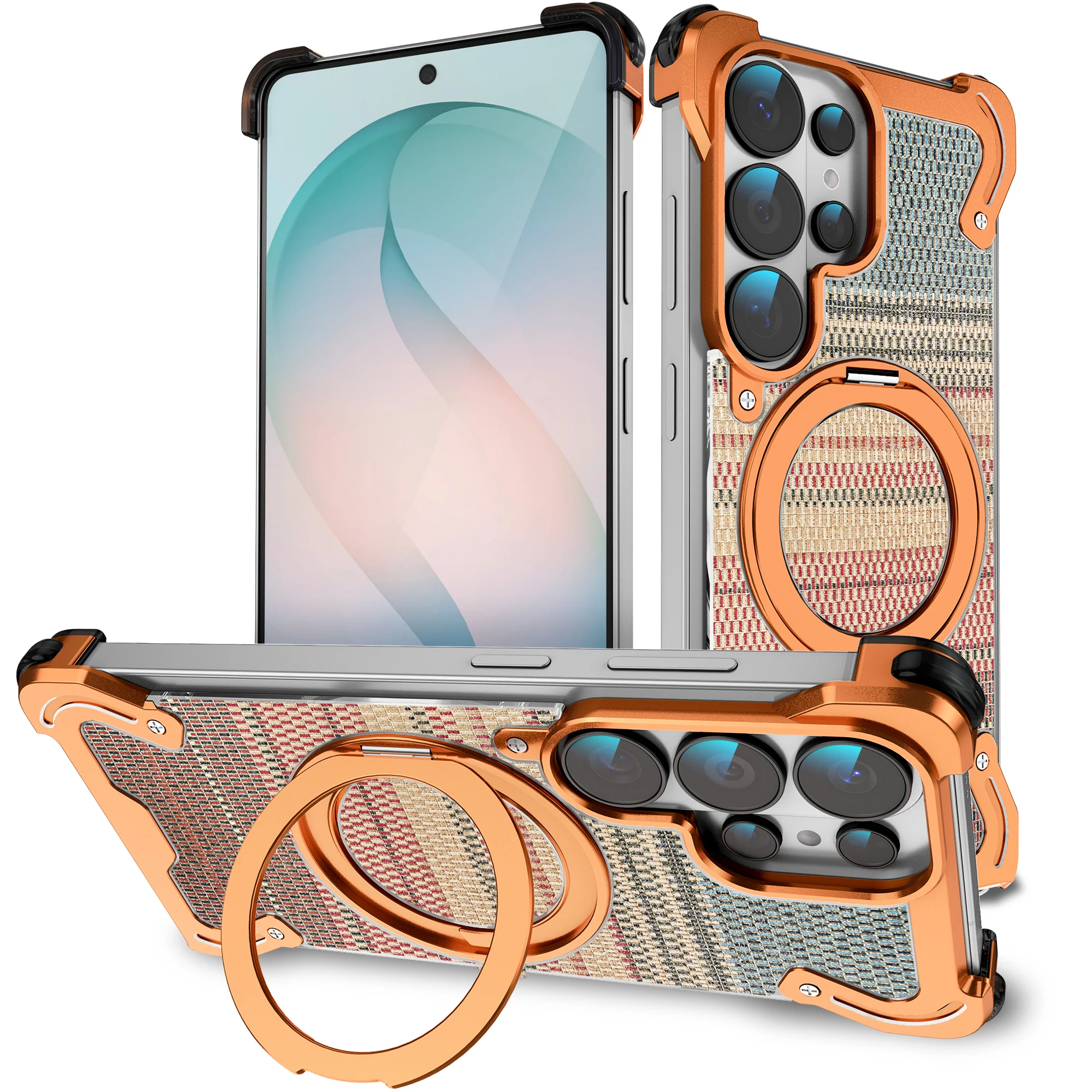 360° Rotating Magnetic Stand Titanium Alloy Silk-texture Edgeless Phone Case for Samsung S26 Ultra 25 24 Shockproof Cover