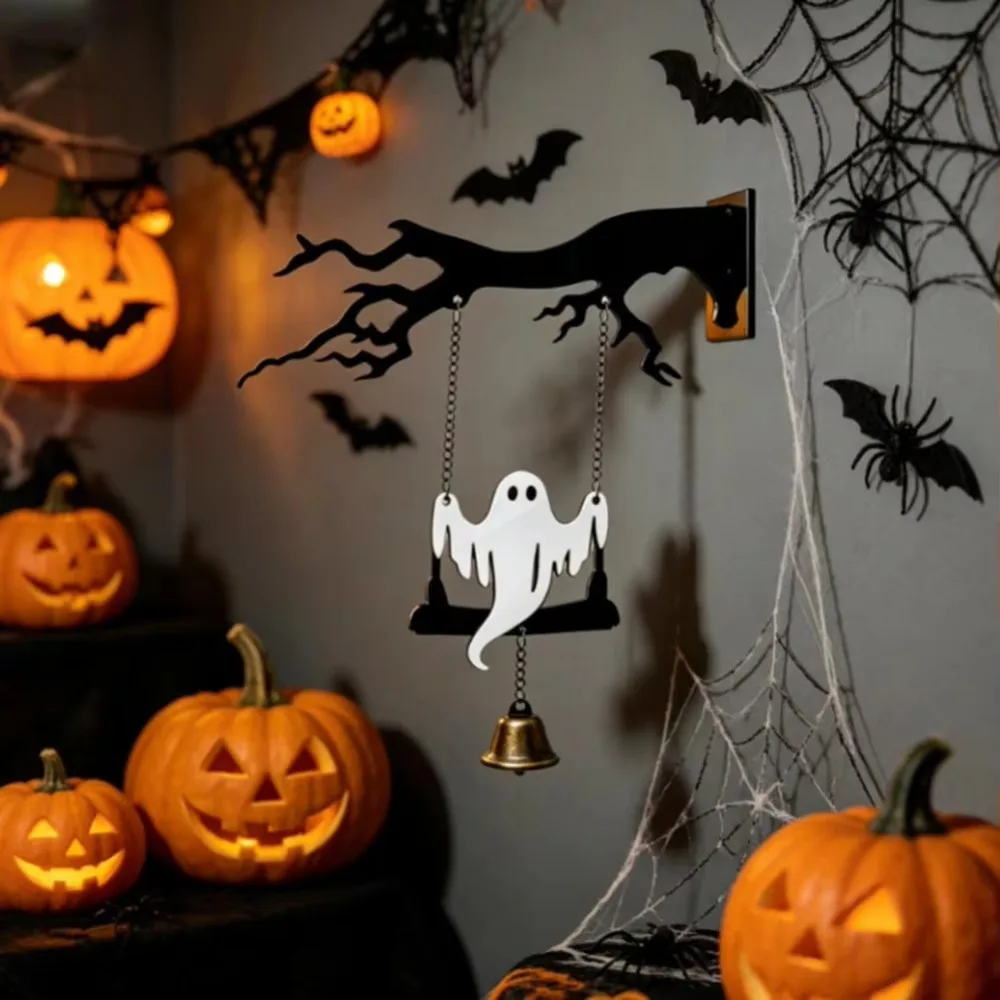 Wall Mounted Halloween Ghost Swinging Doorbell Sounding Acrylic Bat Doorstep Bells No-drill Decorative