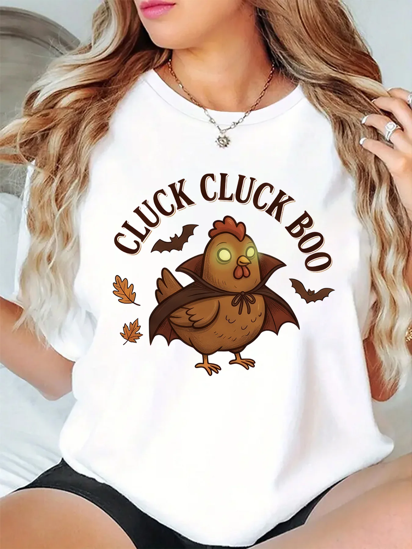 Cluck Cluck Boo Vampire Chicken Bat Halloween Graphic Womens T Shirt Short Sleeve Crew Neck Funny Casual Daily Ladies Tee Tops