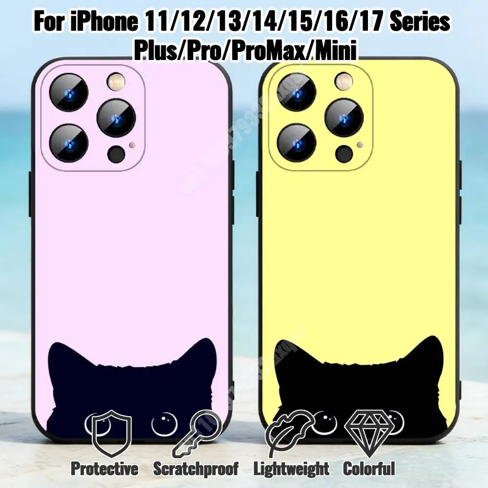 

Kawaii Peeking Black Cat Phone Case for iPhone 17 16 Pro Plus Air 15 14 Max Mini 12 11 Soft Shockproof Cover