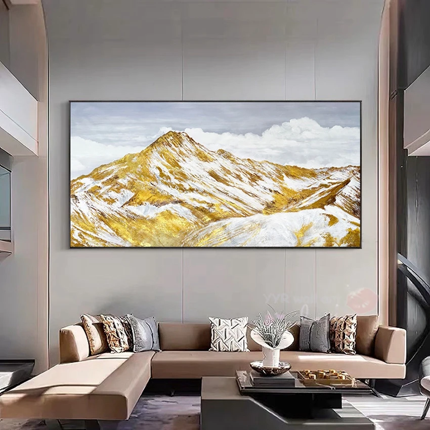 Nordic Snow Covered Golden Mountains Abstract Painting Pure Handmade Oil Painting Home Decoration Bedding Dining Room Mural