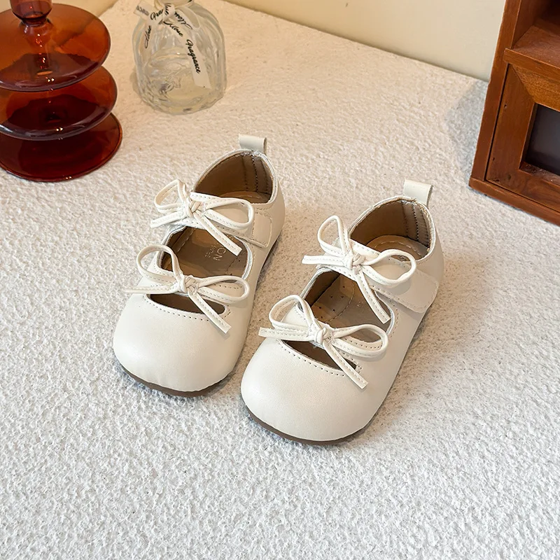 2026 Girls' Spring/Summer New Style Sneakers Double Bow, Fashionable Versatile Casual Shoes, Leather Upper, Non-Slip Soft Sole