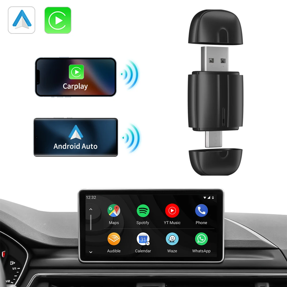 2in1 Wireless CarPlay Adapter&Android Auto Mini Box Carplay Wired to Wireless Bluetooth Plug and Play Dual interface Type-C/USB