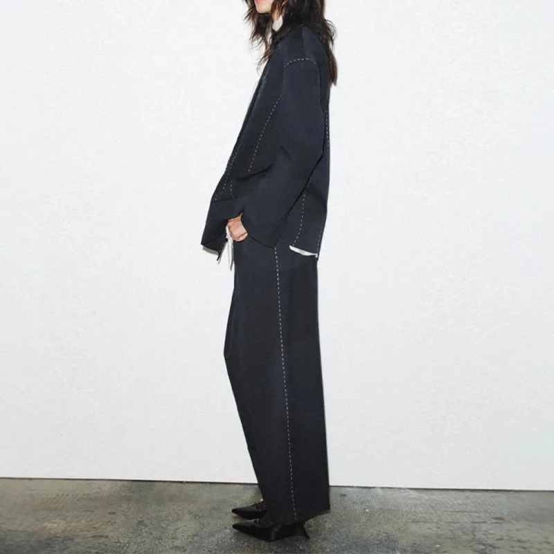 EAEOVNI 스트라이프 여성 투피스 세트 패션 노치드 롱 슬리브 블레이저 코트 롱 팬츠 와이드 레그 트라우저 오피스룩 가을 신상