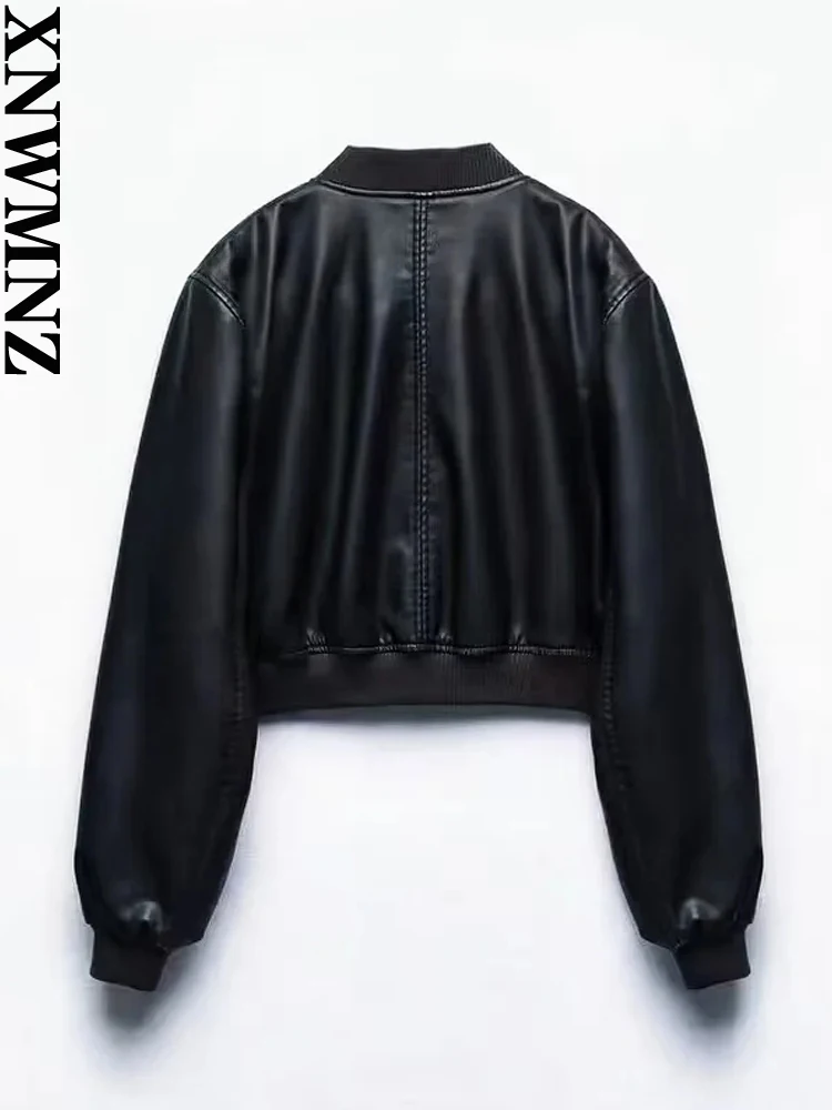 XNWMNZ 2023 Women Fashion Faux Leather Bomber Jacket High Street O Neck Long Sleeve Zipper Coat Female Chic Outerwear