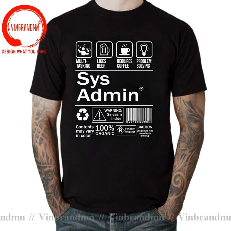 New Men's T-Shirt Cartoon Funny T-Shirt Fashion Sys Admin T-Shirt System Administrator Product Label Linux Coffee Brand Clothing