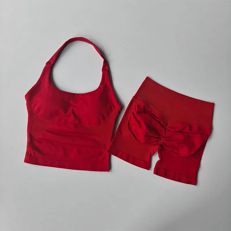 Damen-Sport-BH-Set mit Halsband, schöner Rücken, Yoga-Anzug, zweiteiliges Top, hochtailliertes, hüftformendes Fitness- und Gym-Set, Shorts-Sets – Detail 17