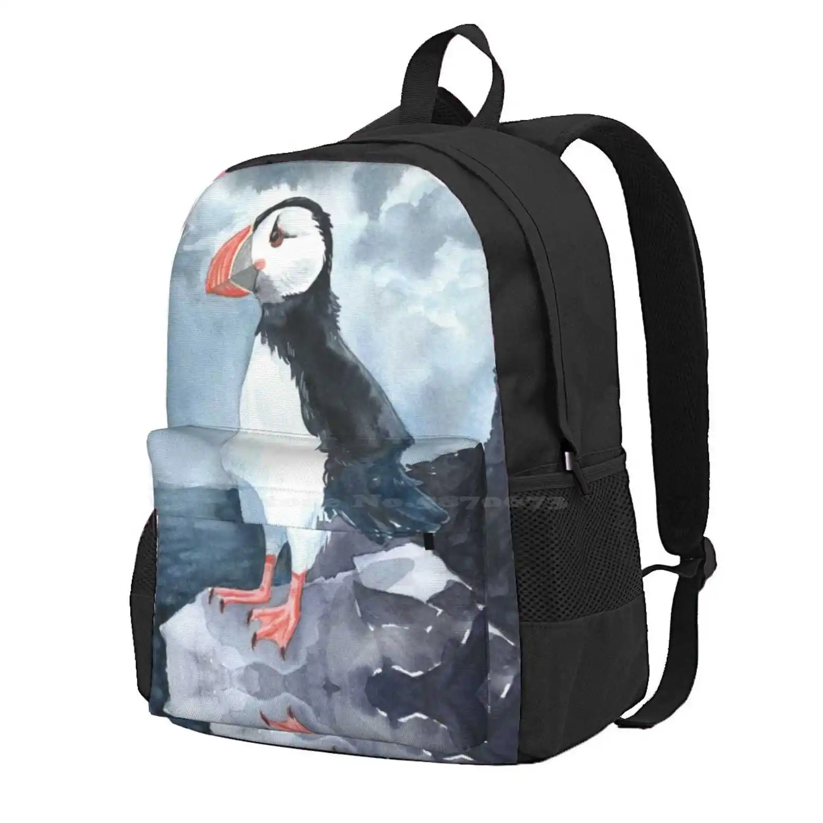 Watercolor Puffin Hot Sale Schoolbag Backpack Fashion Bags Animals Cute Watercolor Animal Watercolor Puffin Birds Puffin