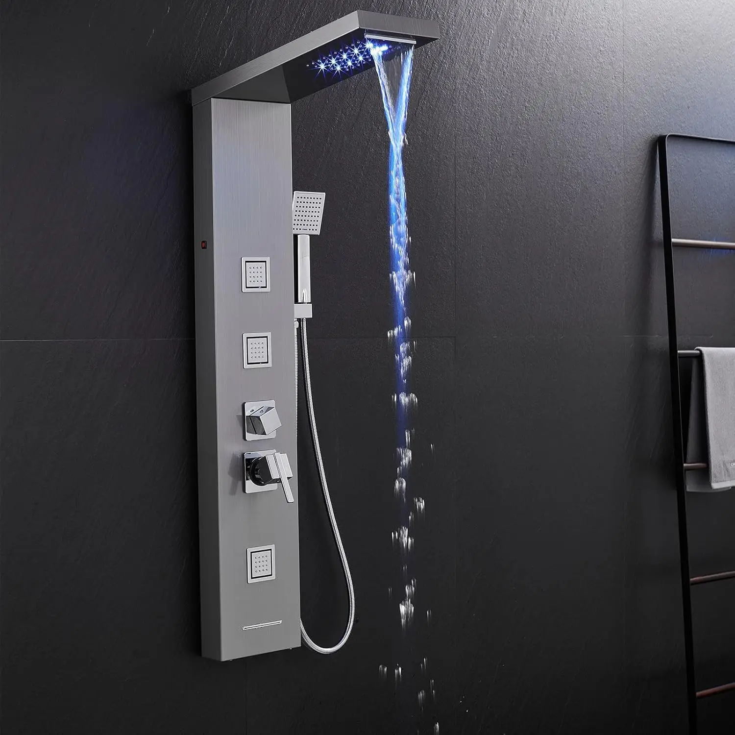 MENATT Shower Panel Tower System with LED Lights, 5 In 1 Shower Panel with Rainfall and Waterfall Shower Head