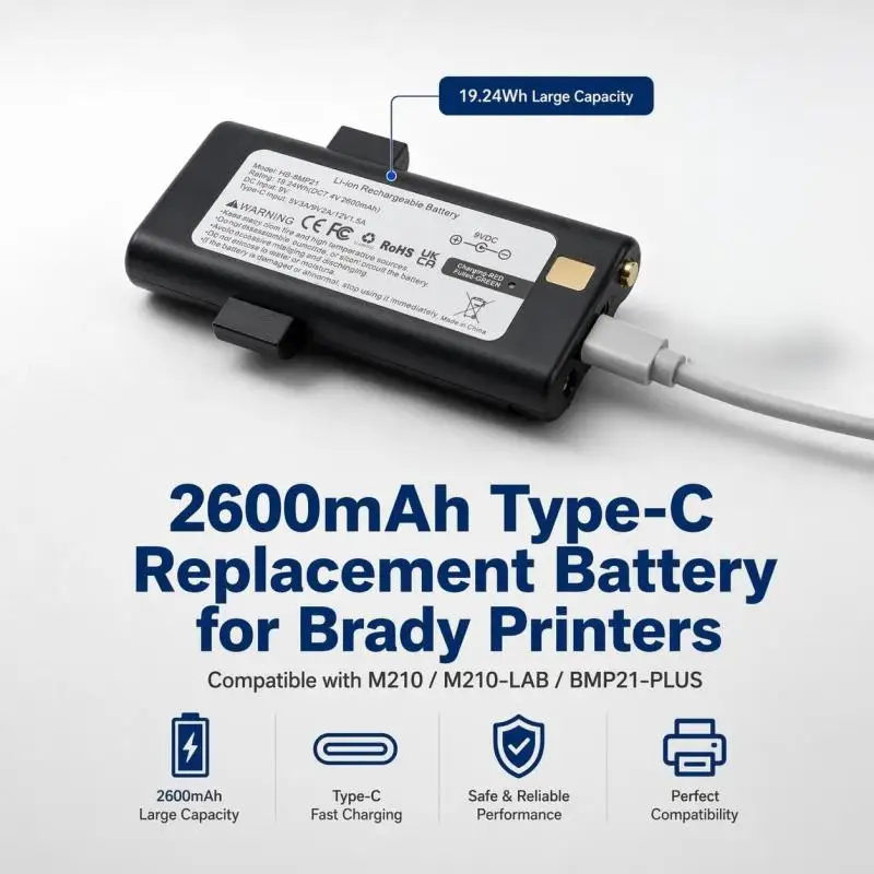 Type-C Charging 2600mAh 19.24Wh Lithium Replacement Battery Compatible With Brady Printer M210 M210-LAB BMP21-PLUS