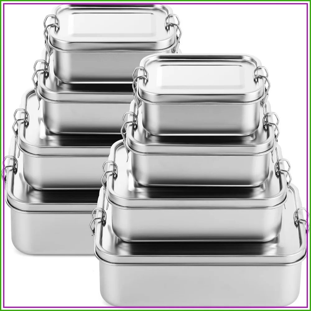 

8-Pack Stainless Steel Bento Lunch Boxes with Leak-Proof Clips, 4 Sizes for Work & Travel