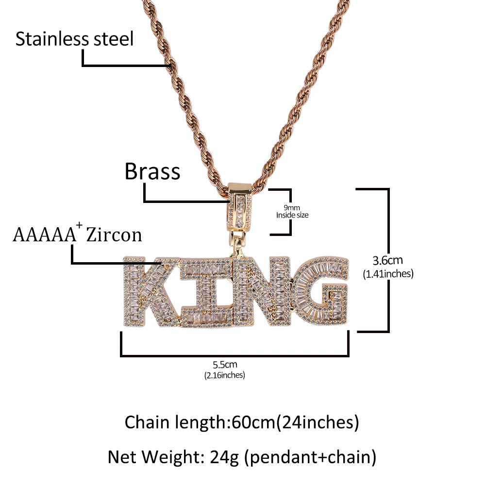 THE BLING KING Iced Out Custom Small Baguette Cut Name Letter Pendant, CZ Zircon Bling Hip Hop Necklace with Tennis Chain