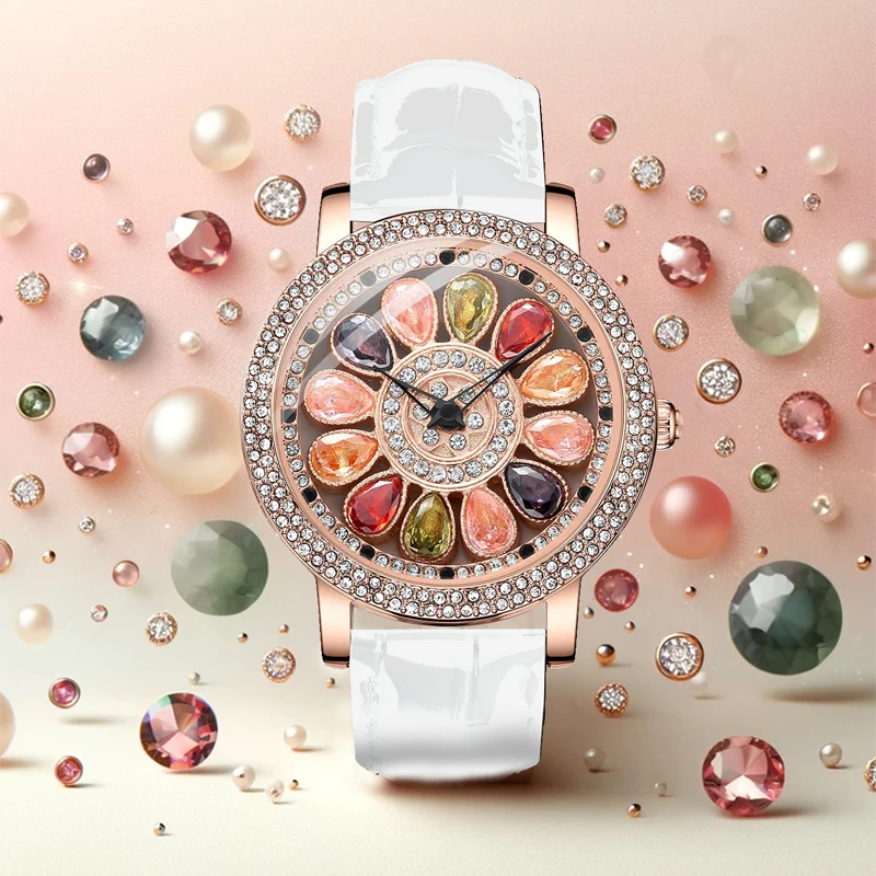 1pcs ladies' white belt elegant color diamond candy quartz watch, a good choice for gift giving