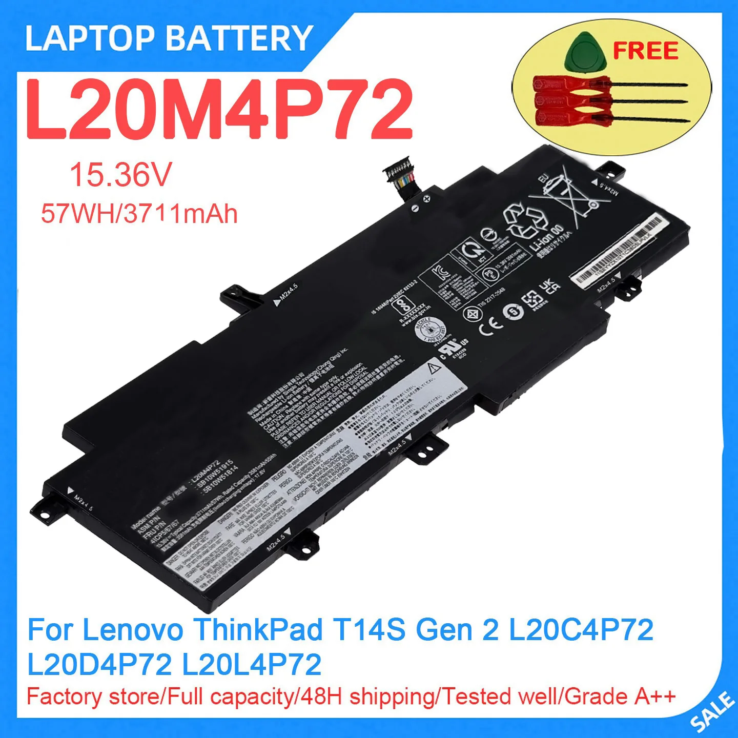 New Laptop Battery L20M4P72 15.36V 57WH 3711mAh High Quality For Lenovo ThinkPad T14S Gen 2 L20C4P72 L20D4P72 L20L4P72