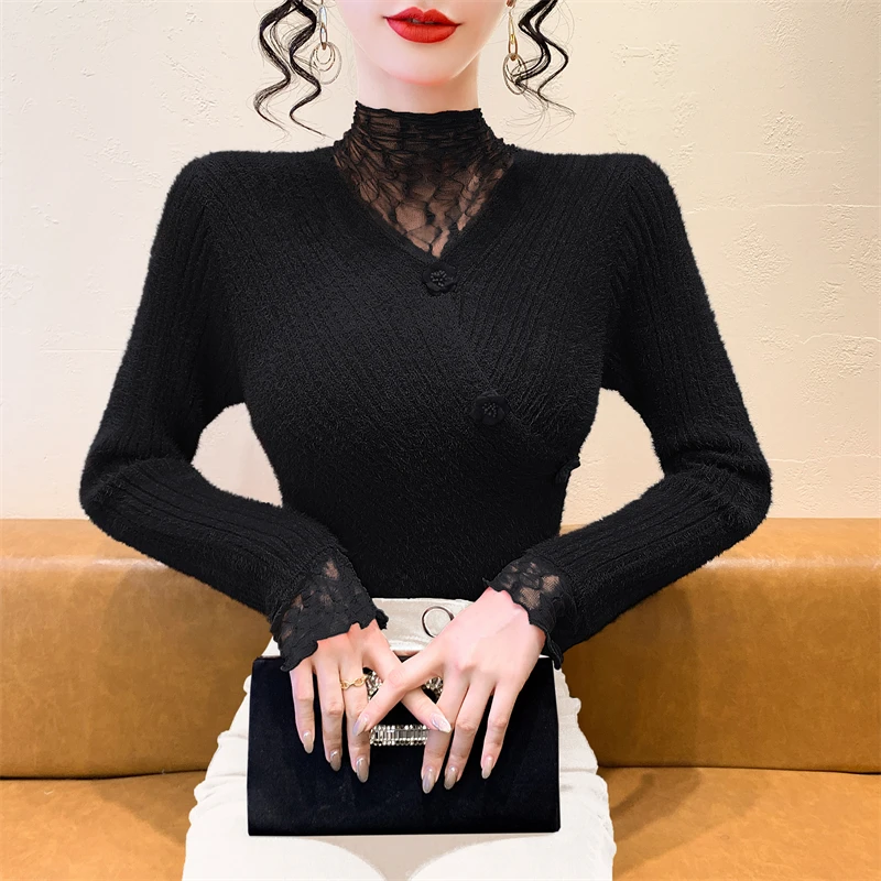 

2025, новинка, европейский, одежда, вязаный, свитер, женский, шикарный, сексуальный, искусственные две штуки, кружево, лоскутное шитье, длинный рукав, крест, пуловер, топы, 412131